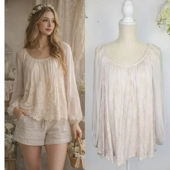 Angela Italy Silk Blouse Large Pink Embroidered Boho Peasant Cottage Coquette - Picture 1 of 16